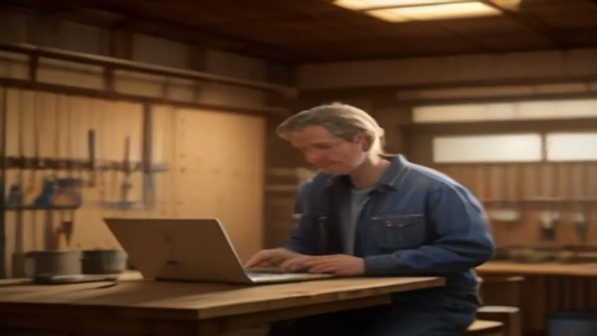 A Reno trades business owner at a wooden workbench in his shop, learning on a laptop with tools on the wall behind him