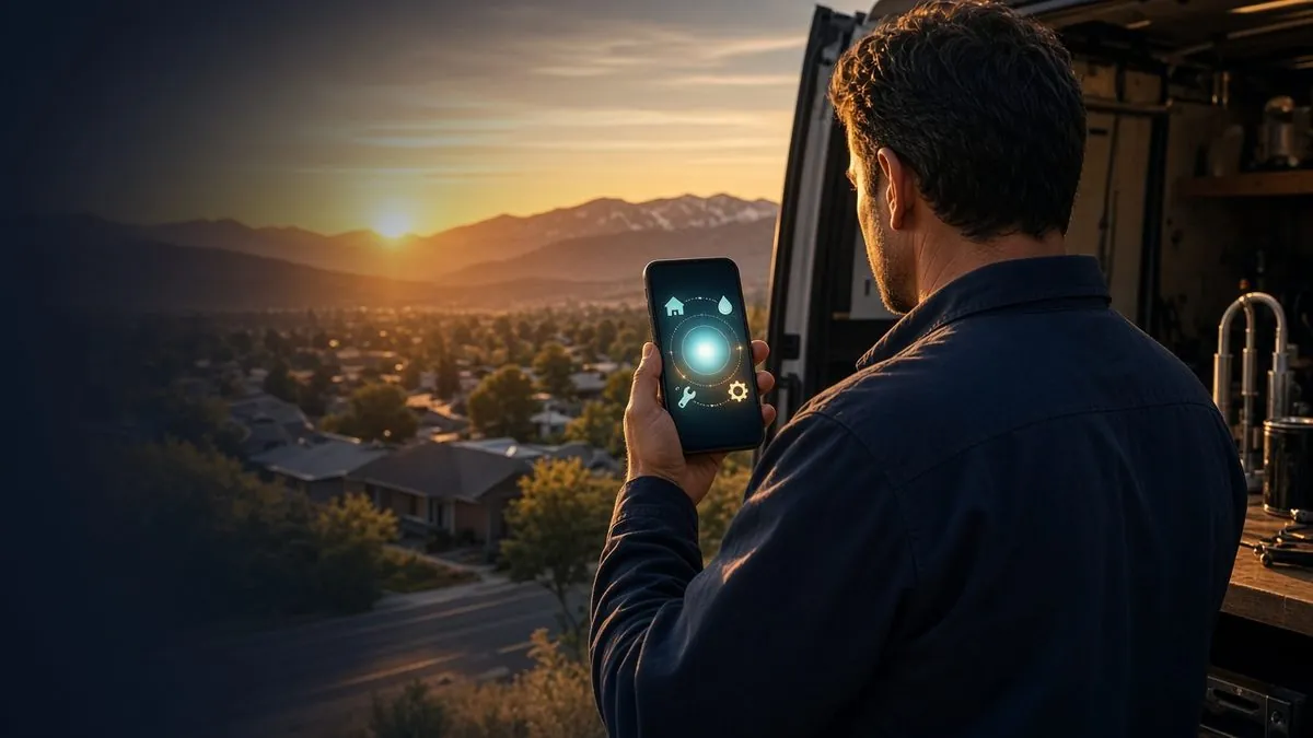 A Reno-area tradesman at the back of his work van at sunset, looking at a simple AI helper app on his phone with the valley and Sierra mountains behind him