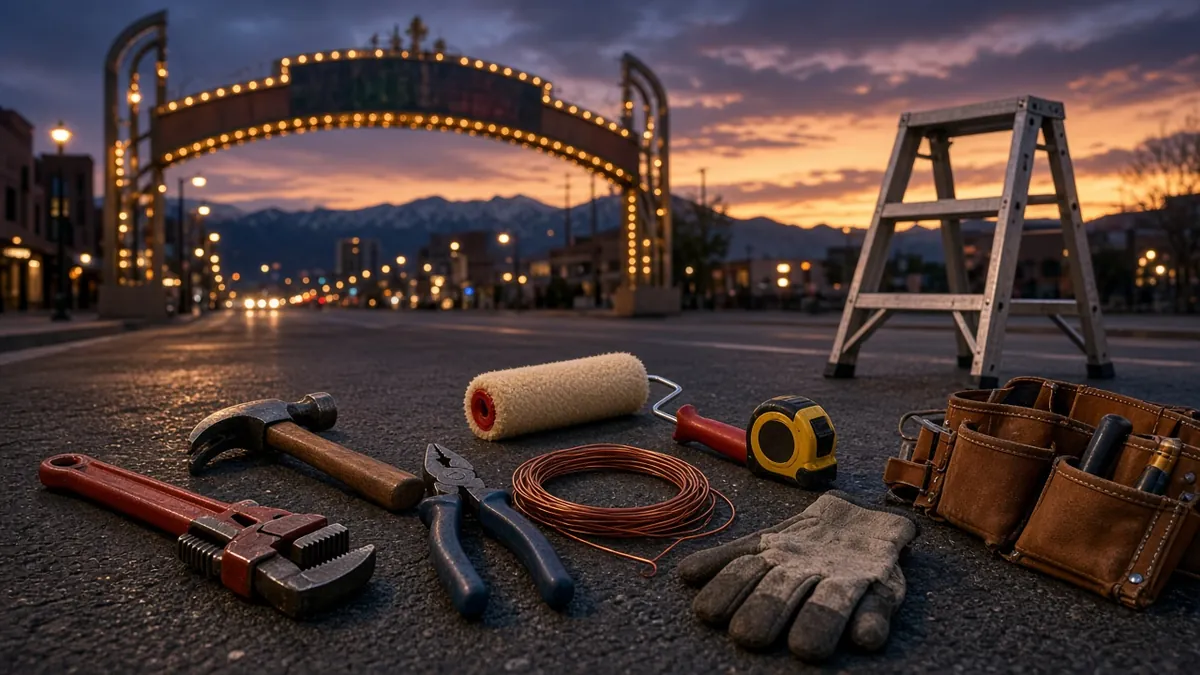 Reno Arch at dusk with a pipe wrench, hammer, pliers, copper wire, paint roller, tape measure, gloves, toolbelt and ladder on Virginia Street