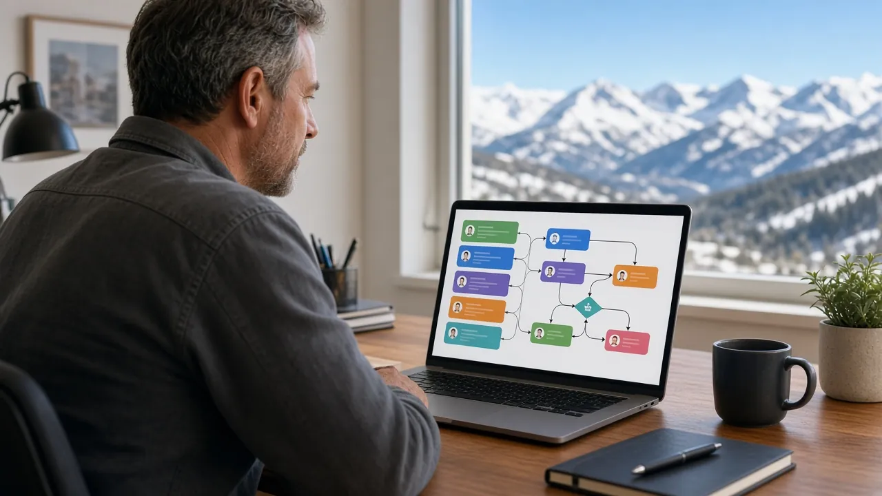 Reno business owner reviewing a CRM sales pipeline and automation dashboard on a laptop, with the Sierra Nevada mountains in the background
