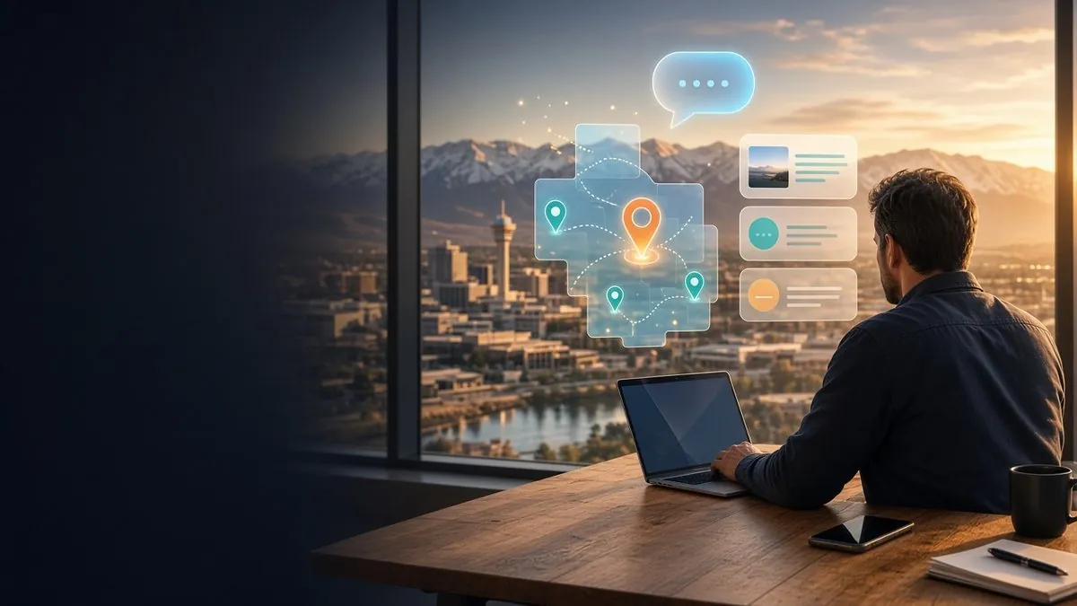 A Reno business owner at a laptop by a window overlooking downtown Reno and the Sierra, with floating map pins, search result cards and an AI chat bubble above the city