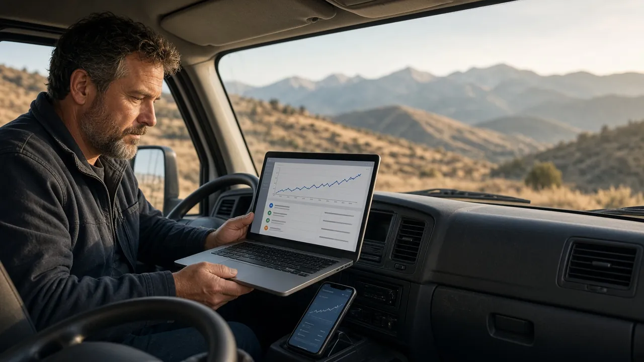 Reno contractor sitting in his truck reviewing a website analytics dashboard on a laptop, with the Sierra foothills behind him