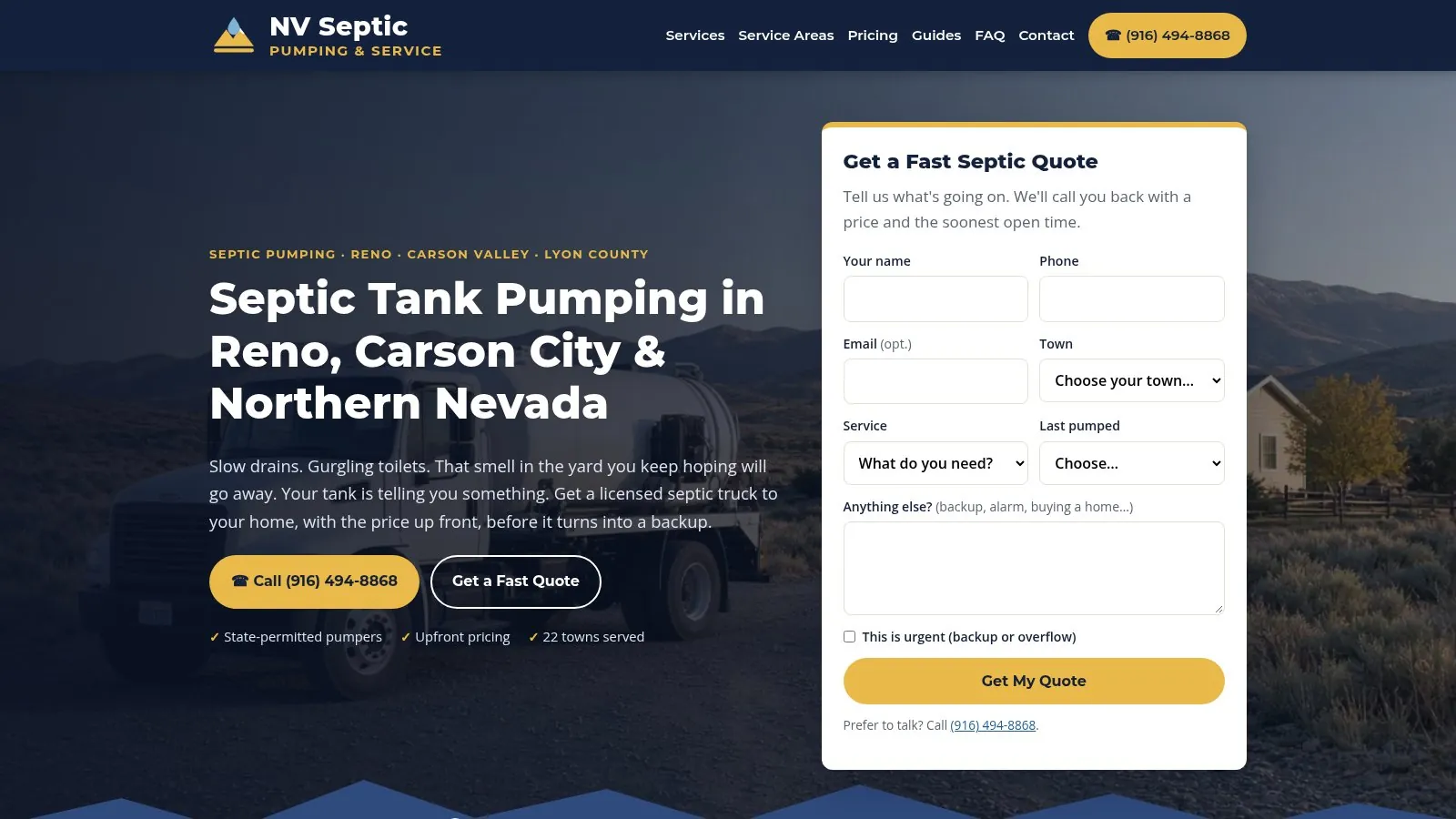 NV Septic Pumping homepage: “Septic Tank Pumping in Reno, Carson City & Northern Nevada” headline over a septic pump truck at a rural home, with a Call (916) 494-8868 button and a Get a Fast Septic Quote form