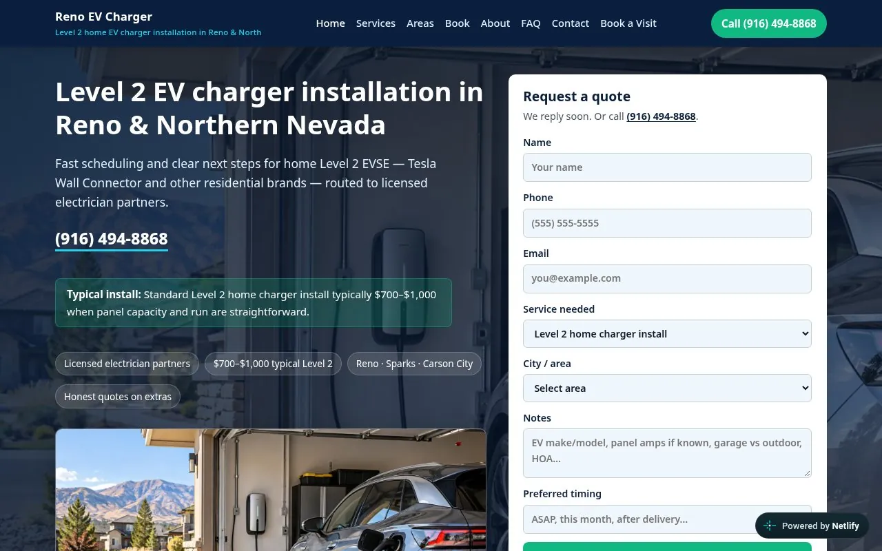 Reno EV Charger homepage: “Level 2 EV charger installation in Reno & Northern Nevada” headline over a wall charger in a garage, with a (916) 494-8868 phone link, a $700–$1,000 typical install note and a Request a quote form