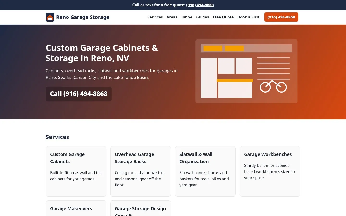 Reno Garage Storage homepage: “Custom Garage Cabinets & Storage in Reno, NV” headline with a Call (916) 494-8868 button, an illustration of a garage with wall cabinets, overhead racks and a bike, and service cards below
