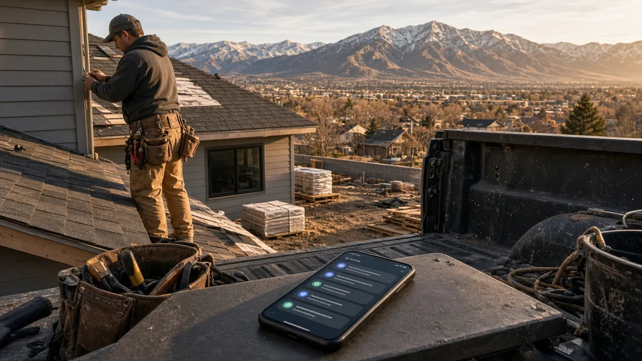 Contractor working on a roof in Reno with the Sierra Nevada behind him, while a phone on his truck tailgate shows automated follow-up and invoice notifications