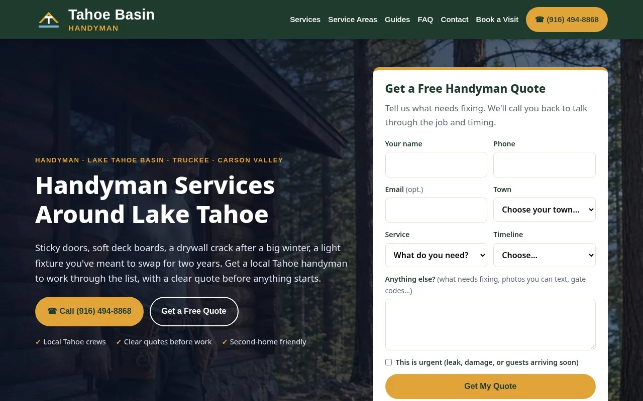 Tahoe Basin Handyman homepage: “Handyman Services Around Lake Tahoe” headline over a handyman outside a log cabin in the pines, with a Call (916) 494-8868 button and a Get a Free Handyman Quote form