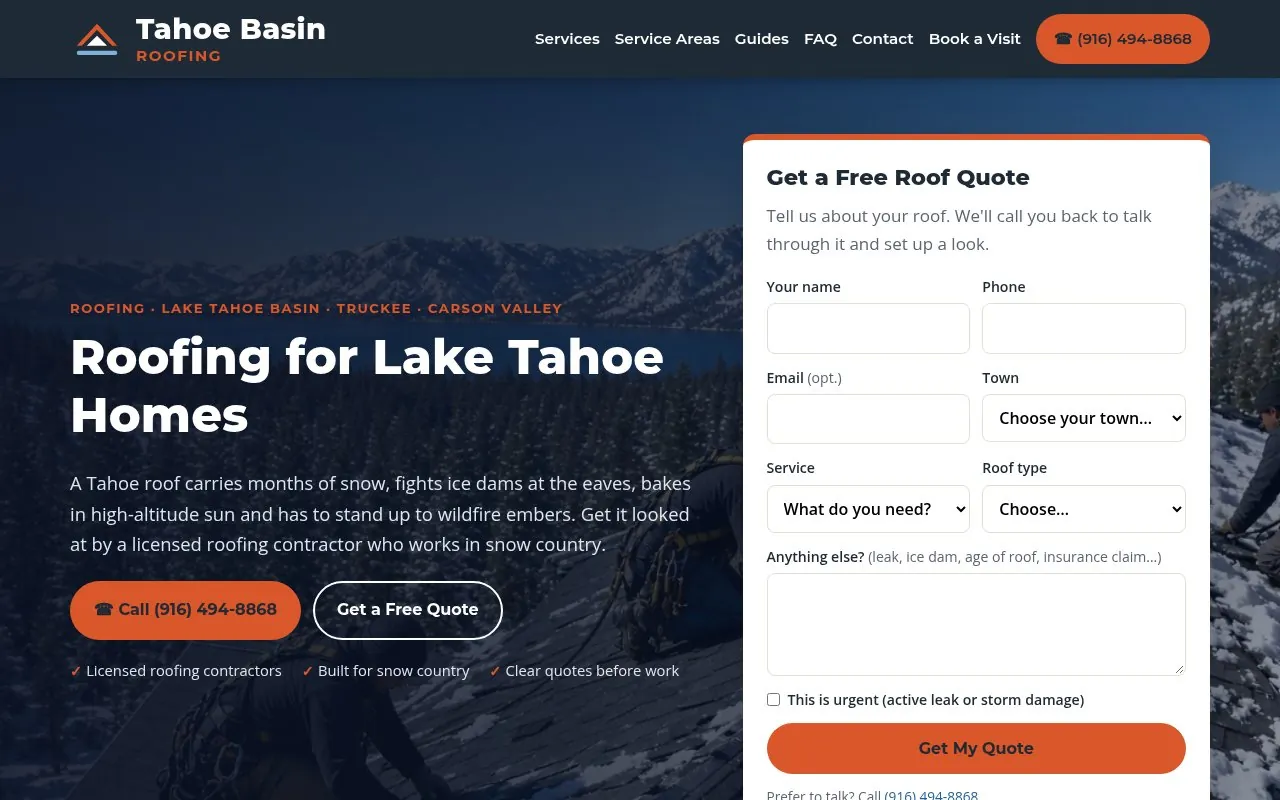 Tahoe Basin Roofing homepage: “Roofing for Lake Tahoe Homes” headline over roofers on a snowy roof above the lake, with a Call (916) 494-8868 button and a Get a Free Roof Quote form