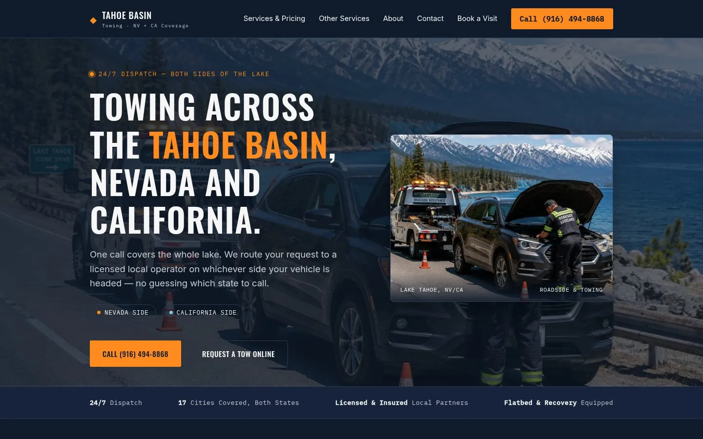 Tahoe Basin Towing homepage: “Towing across the Tahoe Basin, Nevada and California” headline over a lakeside roadside scene, with a Call (916) 494-8868 button, a Request a Tow Online button and 24/7 dispatch badges