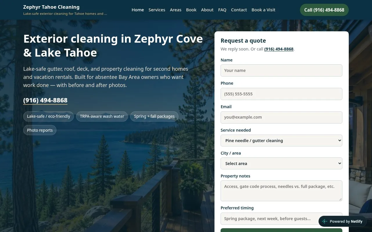 Zephyr Tahoe Cleaning homepage: “Exterior cleaning in Zephyr Cove & Lake Tahoe” headline over a lakeside deck in the pines, with a (916) 494-8868 phone link, lake-safe and photo report badges and a Request a quote form
